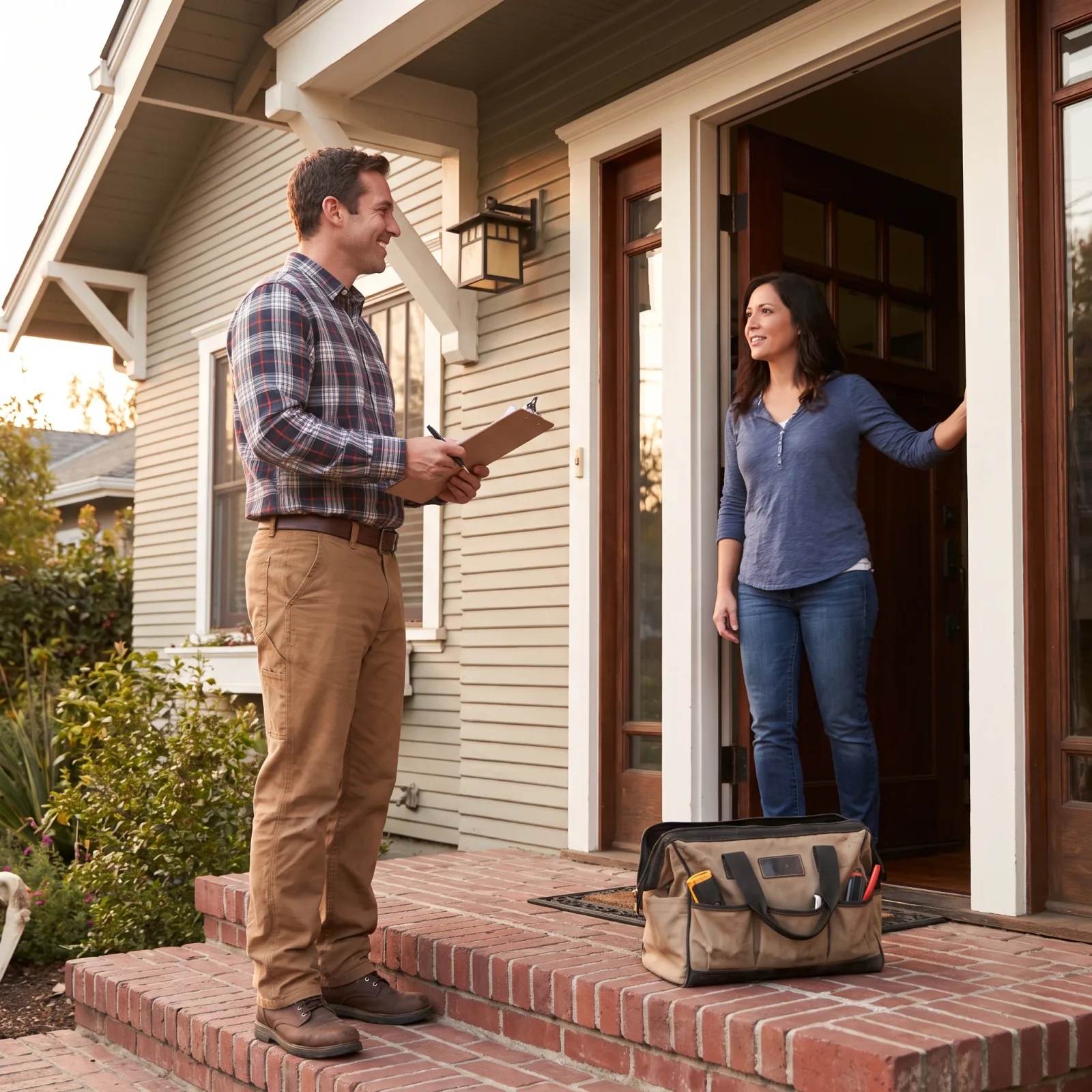 Repair technician talking to a homeowner at the front door with a tool bag